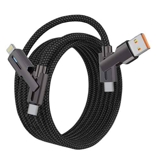 Svart 2 meter lång multikabel med USB-A, USB-C och Lightning